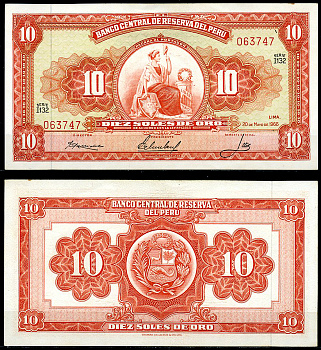 Перу 10 солей 1966 сидящая свобода, Thomas de la Rue Pick 84 a  бумага  аUNC 444-142-1-2