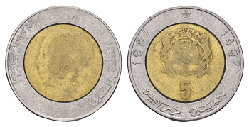 Марокко 5 дирхамов 1987 AH 1407, Хасан II (1961-1999) Y 82 биметалл 4675-126