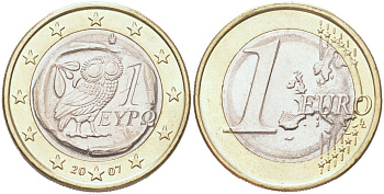 Греция 1 евро 2007 KM 214 биметалл UNC 4126-736