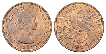Новая Зеландия 1 пенни 1963 Елизавета II (1952-2022), новозеландский туи KM 24.2 бронза aUNC 4587-135
