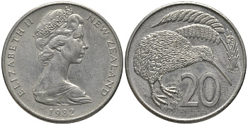 Новая Зеландия 20 центов 1982 Елизавета II (1952-2022), птичка киви KM 36.1 медно-никель 81-624