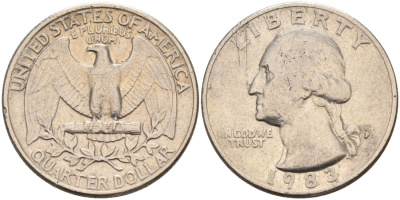США 25 центов = квотер 1983 P, Вашингтон KM A164a медь плакированная медно-никелем 92-1226