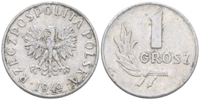 ПОЛЬША 1 ГРОШ 1949 KM 39, Parchimowicz 201 алюминий 29-1149
