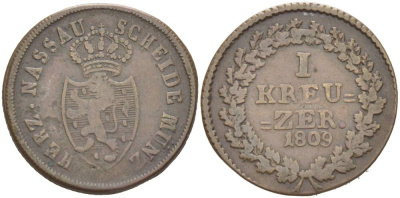Нассау 1 крейцер 1809 Фридрих Август и Фридрих Вильгельм (1803-1816) KM 3, AKS 18, Jg.7 медь 4548-917