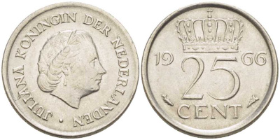 Нидерланды 25 центов 1966 Юлиана (1949-1980) KM 183 никель 214-946