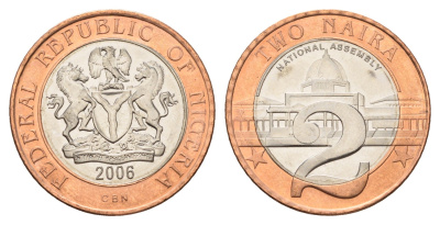 Нигерия 2 найры 2006 год-тип KM 19 биметалл UNC 25-216