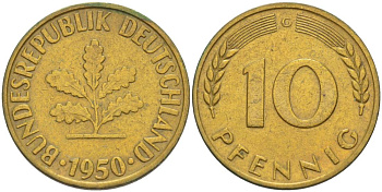 ФРГ 10 ПФЕННИГОВ 1950 G KM 108, J. 383 сталь плакированная латунью 219-425