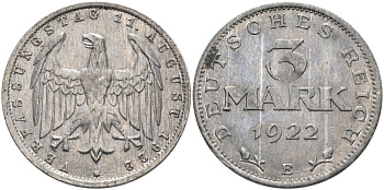 Германия 3 марки 1922 Е, третья годовщина Веймарской Конституции KM 29, J.303 алюминий UNC 4574-821