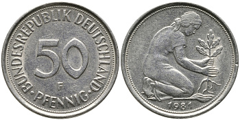 ФРГ 50 ПФЕННИГОВ 1981 F KM 109.2, J. 384 медно-никель 96-1225