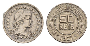 Бразилия 50 реалов (рейсов) 1921 KM 517 медно-никель 1519-1332