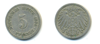 ГЕРМАНИЯ 5 ПФЕННИГОВ 1893 A, KM 11, J. 12 медно-никель 4379-366