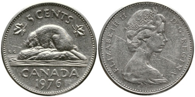 Канада 5 центов 1976 бобр, Елизавета II (1952-2022) KM 60.1 никель 4543-646