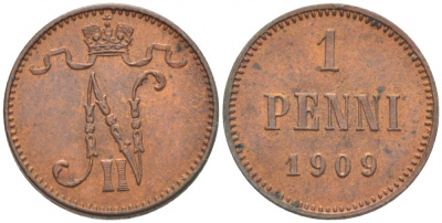 Россия для Финляндии 1 пенни 1909 Николай II (1894-1917) KM 13, Биткин 470 медь 4396-1322