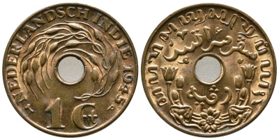 Нидерландская Восточная Индия 1 цент 1945 р, Вильгельмина (1890-1948) KM 317 бронза UNC 4610-854