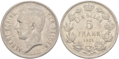 БЕЛЬГИЯ 5 ФРАНКОВ 1931 BELGEN KM 98 никель 69-224