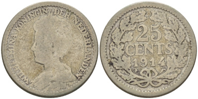 Нидерланды 25 центов 1914 Вильгельмина (1890-1948) KM 146  серебро 66-1139