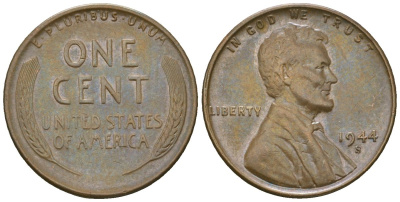 США 1 цент 1944 S (Сан-Франциско), Авраам Линкольн KM A132 латунь 4516-534