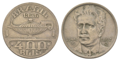 Бразилия 400 реалов 1936 Освалду Крус KM 539 медно-никель 4624-1226