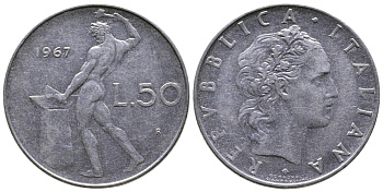 ИТАЛИЯ 50 ЛИР 1967 R, КУЗНЕЦ KM 95.1 сталь 93-441