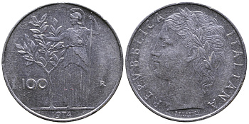 ИТАЛИЯ 100 ЛИР 1974 R, АФИНА KM 96.1 нержавеющая сталь 3334-942