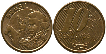 Бразилия 10 сентаво 2011 KM 649, Schon 157 сталь плакированная бронзой 4523-921