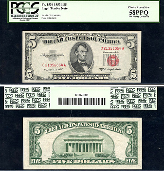 США 5 долларов 1953 серия 1953B, в слабе PCGS 58 PPQ Choice About New, красный номер Pick 381 b, Fr. 1534  бумага  aUNC 452-3-45