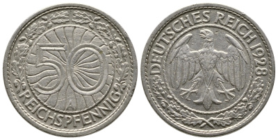 Германия 50 рейхспфеннигов 1928 A KM 49, J. 324 никель 4380-412