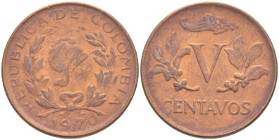 КОЛУМБИЯ 5 СЕНТАВО 1970 KM 206a сталь плакированная медью 213-741