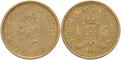 Нидерландские Антилы 1 гульден 1991 Беатрикс (1980-2013) KM 37 позолоченная сталь 4364-1833
