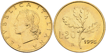 Италия 20 лир 1995 R, дубовый лист KM 97.2 алюминиевая бронза  UNC  4594-1021
