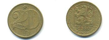 ЧЕХОСЛОВАКИЯ 20 ГЕЛЛЕРОВ 1981 KM 74 латунь 89-1821