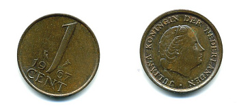 НИДЕРЛАНДЫ 1 ЦЕНТ 1967 ЮЛИАНА KM 180 бронза 76-266