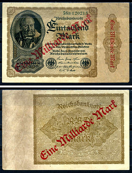 Германия 1000000000 марок 1923 красная диагональная, двухсторонняя надпечатка на 1000 марок 1922, бумага белая, водяной знак 1001 Pick 113 a (2) бумага 8589-44-2-1