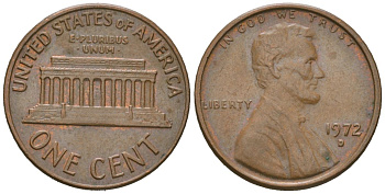 США 1 цент 1972 D, Авраам Линкольн KM 201 медь цинк 220-917