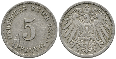 Германия 5 пфеннигов 1898 J KM 11, Jager 12, Weege 6 медно-никель 39-729