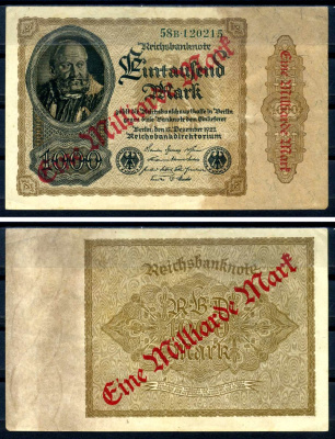 Германия 1000000000 марок 1923 красная диагональная, двухсторонняя надпечатка на 1000 марок 1922, бумага белая, водяной знак 1001 Pick 113 a (2) бумага 8589-44-2-1