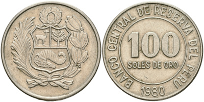Перу 100 солей 1980 KM 283 медно-никель 4110-445