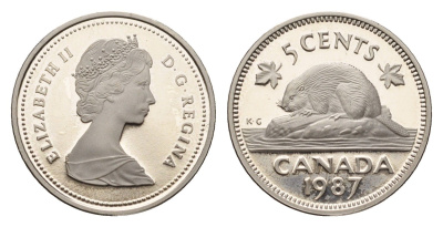 Канада 5 центов 1987 Елизавета II (1952-2022), бобр KM 60.2a никель PROOF 413-3412