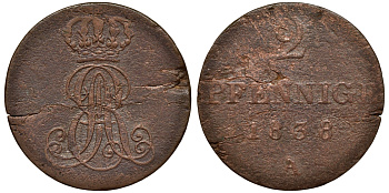 Ганновер 2 пфеннига 1838 A, Эрнст Август (1837-1851) KM 174.1, AKS 122, J. 55 медь 75-215