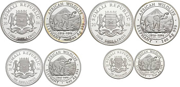 Сомали набор из 4 монет 2006 Дикая природа Африки 2006, слоны, 250, 500, 1000, 2000 шиллингов (1/4 oz, 1/2 oz, 1 oz, 2 oz), в оригинальной деревянной коробке с сертификатом №006, тираж 2000 экз. KM 197, 198, 199, 195а серебро PROOF 3-5-2-51