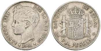 Испания 1 песета 1901 SMV, Альфонсо XIII (1886-1931) KM 706 серебро 63-431
