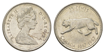Канада 25 центов 1967 пума, 100 лет Конфедерации Канада, Ссеребро 0.800, вес 5,83 гр, диаметр 23,88 мм KM 67 серебро 4622-913