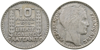 Франция 10 франков 1931 Пьер Тюрен KM 878, Le Franc 360.4 серебро 79-1523