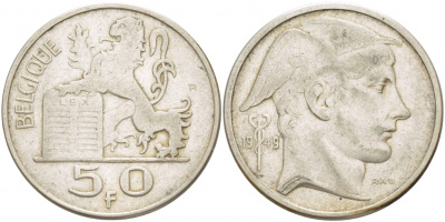 Бельгия 50 франков 1949 Леопольд III (1934-1950), Belgique  KM 136.1 серебро 4545-544