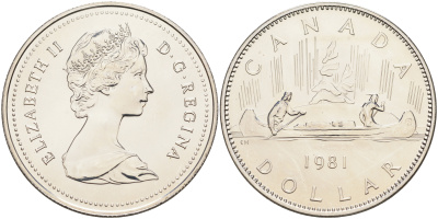 Канада 1 доллар 1981 Елизавета II (1952-2022), каноэ KM 120.1 никель  UNC  4578-323