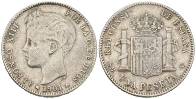 Испания 1 песета 1901 SMV, Альфонсо XIII (1886-1931) KM 706 серебро 63-431