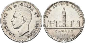 Канада 1 доллар 1939 Королевский визит в Оттаву, парламент, Георг VI (1936-1952) KM 38 серебро 4368-731