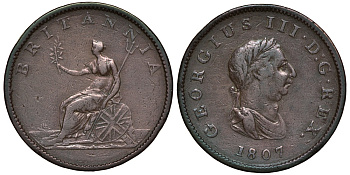 Великобритания 1/2 пенни 1807 Георг III (1760-1820) KM 662, Spink 3781 медь 603-421
