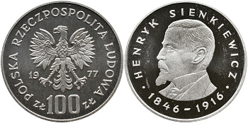 Польша 100 злотых 1977 MW, Генрик Сенкевич (1846-1916) KM 88, Parchimowicz 277 серебро PROOF 441-611