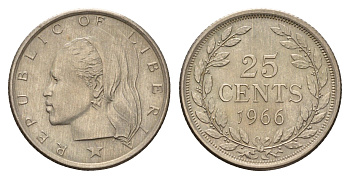 Либерия 25 центов 1966 год-тип KM 16a.1 медно-никель aUNC 4678-147